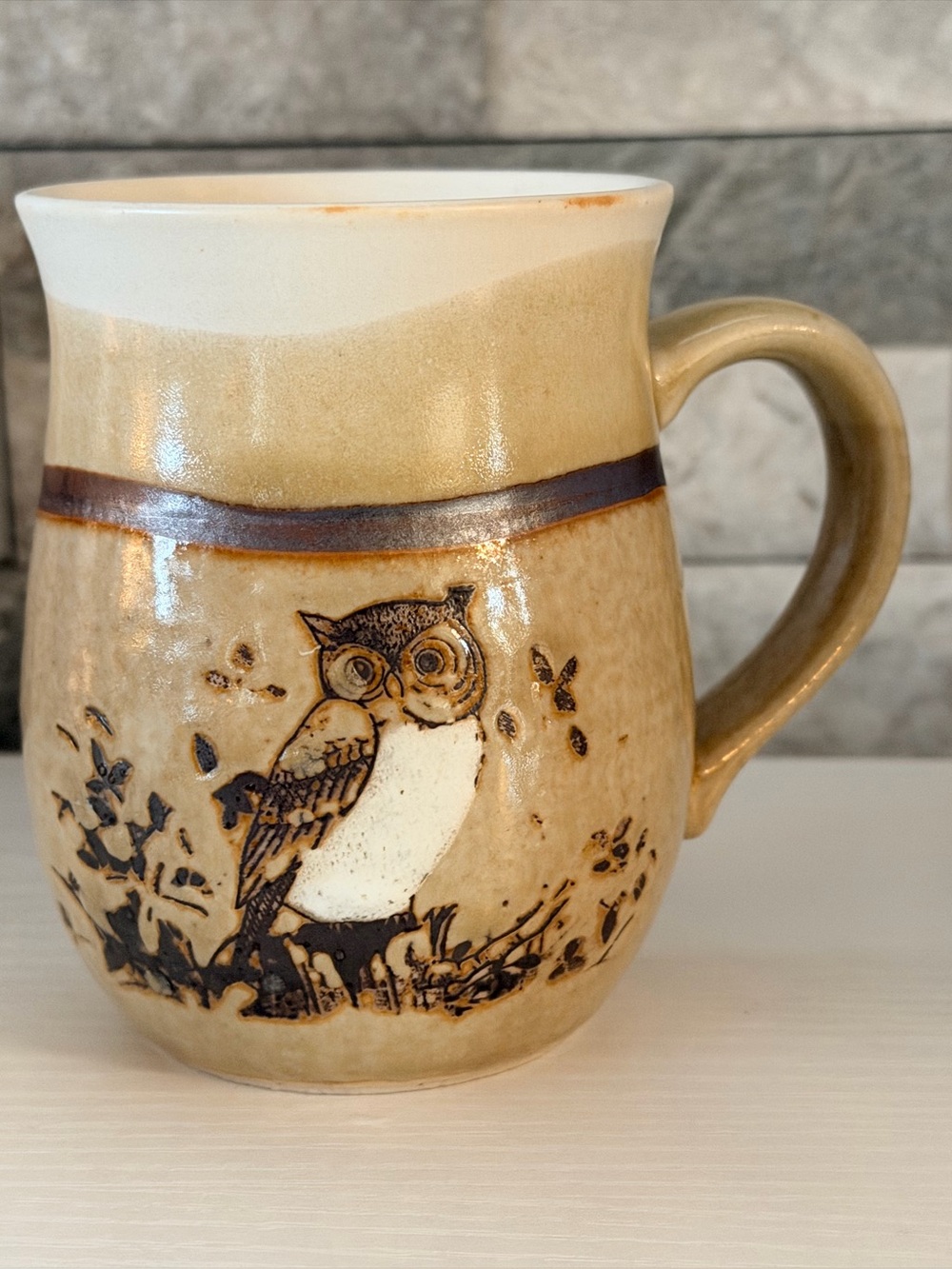 Vintage 1970s Stoneware Owl Mug Rustic Handcrafted Studio Pottery